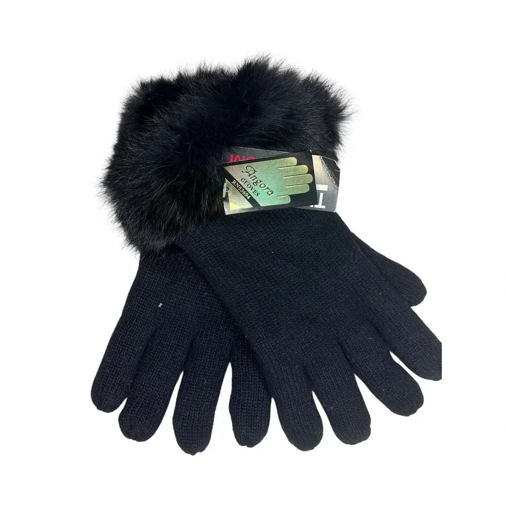 NEW Thinsulate Black Angora Knit Gloves with Faux Fur Trim Thermal Insulation